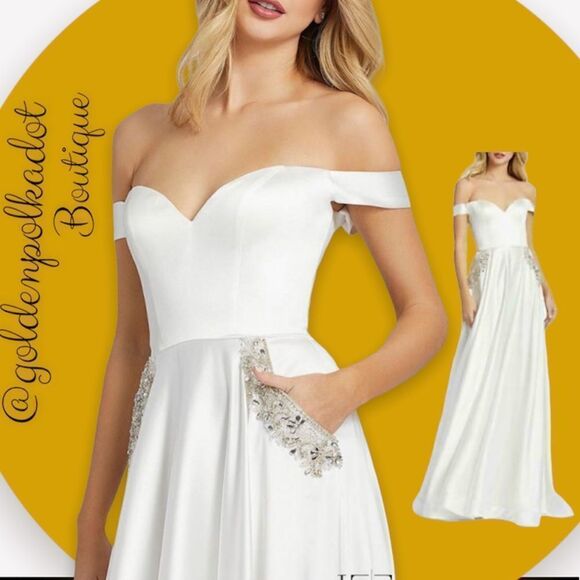 BRIDAL Gown Ieena for Mac Duggal OFF THE SHOULDER EMBELLISHED SATIN Size 2 NWT - Picture 5 of 11